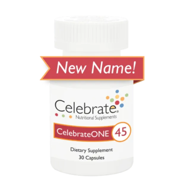 White bottle of CelebrateONE 45 dietary supplement with 30 capsules and new name banner