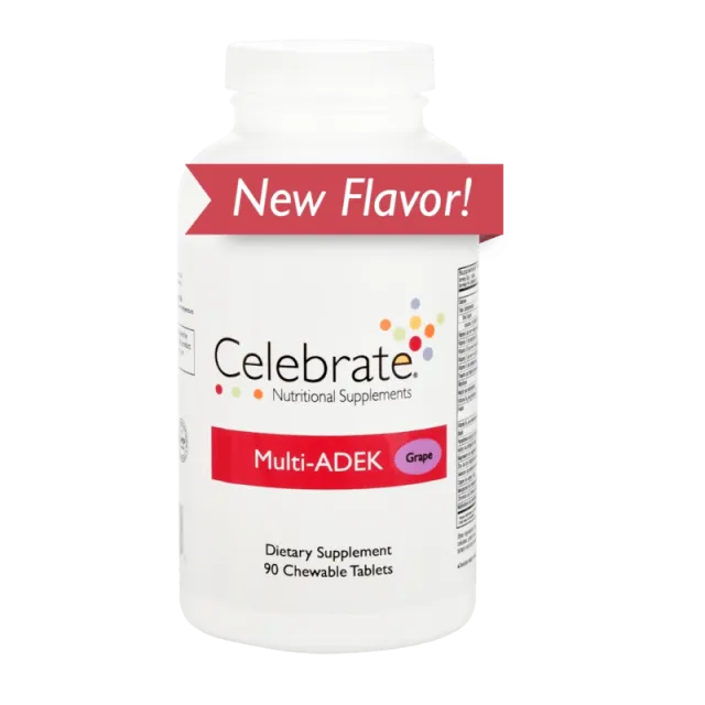 Celebrate Multi-ADEK grape flavor dietary supplement bottle with 90 chewable tablets and new flavor banner