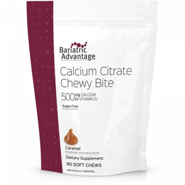 Bariatric Advantage Calcium Citrate Chewy Bites caramel flavor dietary supplement with 90 soft chews.