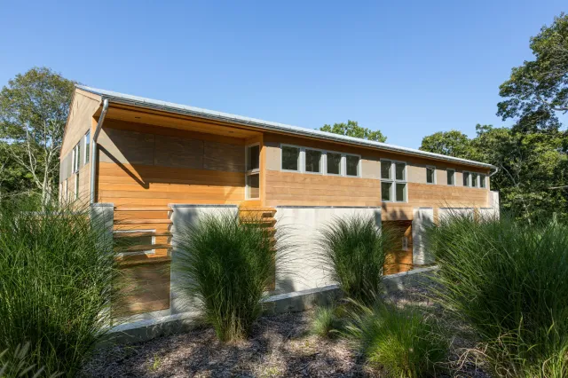 Modern two-story wooden house with large windows surrounded by green bushes under clear blue sky