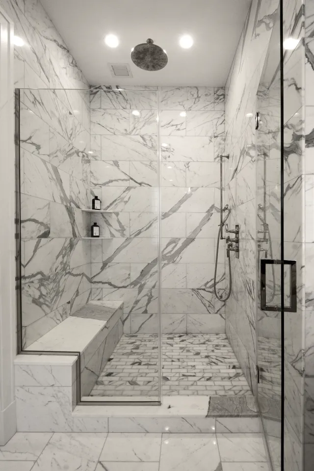 Luxurious marble tiled walk-in shower with glass door, built-in bench, rain showerhead, and recessed lighting.