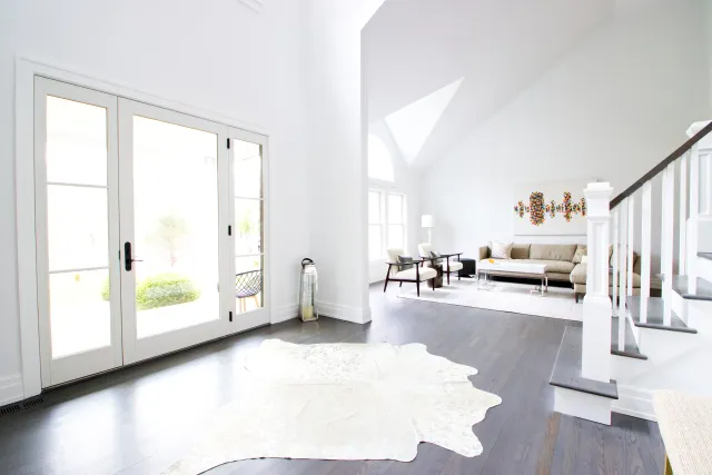 Bright modern living room with white walls, large windows, beige sofa, dark wood floors, and a white area rug.