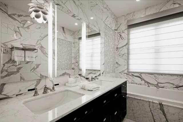 Luxury bathroom with marble walls, dual sinks, modern lighting, and a spacious bathtub by a large window