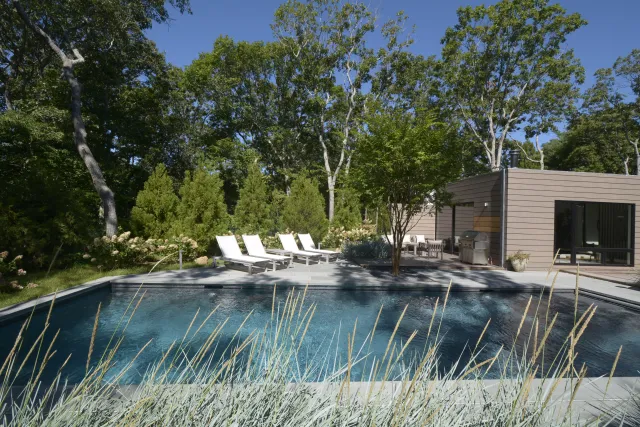 Modern backyard with pool, lounge chairs, greenery, and a small wooden pool house on a sunny day