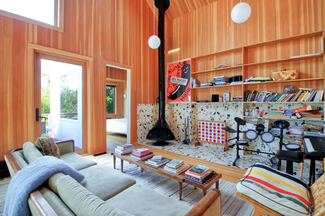 Modern wood-paneled living room with a hanging fireplace, bookshelf, musical instruments, and large windows.
