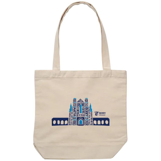 a white bag with blue text
