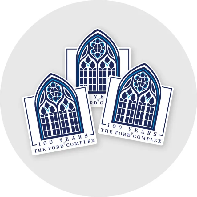 Three stickers featuring a blue stained glass window design celebrating 100 years of The Ford Complex.