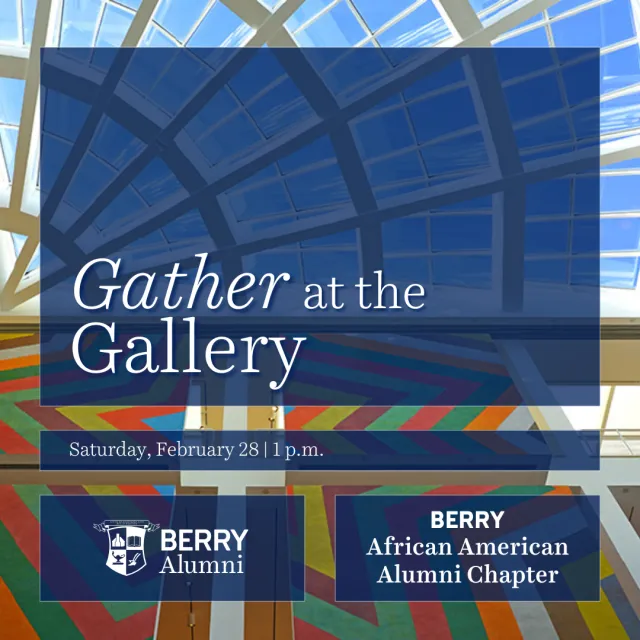 Colorful gallery space under glass ceiling promotes Berry Alumni and African American Alumni event on February 28 at 1 p.m.
