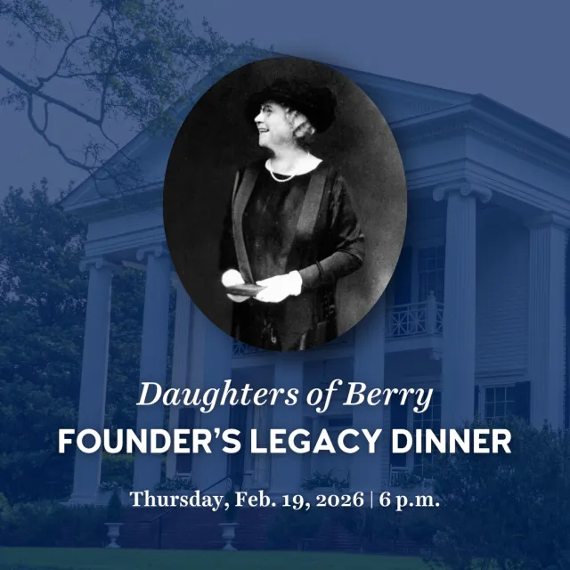 Vintage photo of a woman in black attire with hat, promoting Daughters of Berry Founder's Legacy Dinner event.
