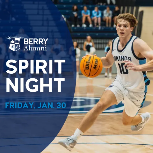 Basketball player in Vikings uniform dribbling on court during Berry Alumni Spirit Night event