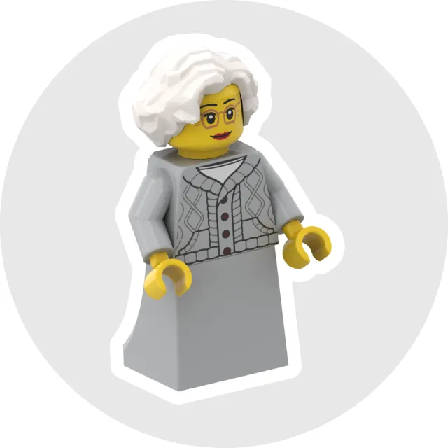 LEGO minifigure of an elderly woman with white hair, glasses, grey cardigan, and skirt on a light gray background