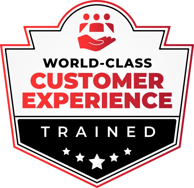 Shield badge with red hand holding three people icons labeled World-Class Customer Experience Trained with stars below