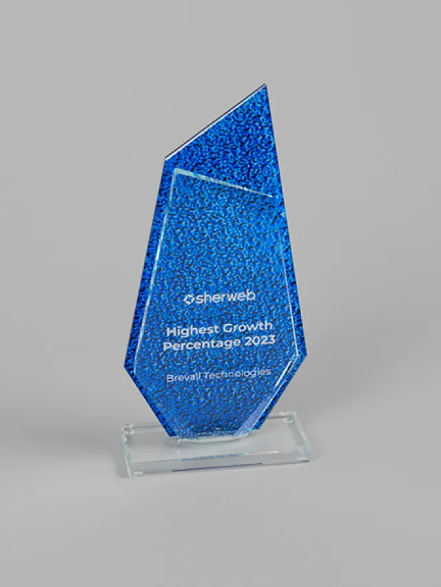 Blue crystal trophy for Highest Growth Percentage 2023, awarded to Breval Technologies.