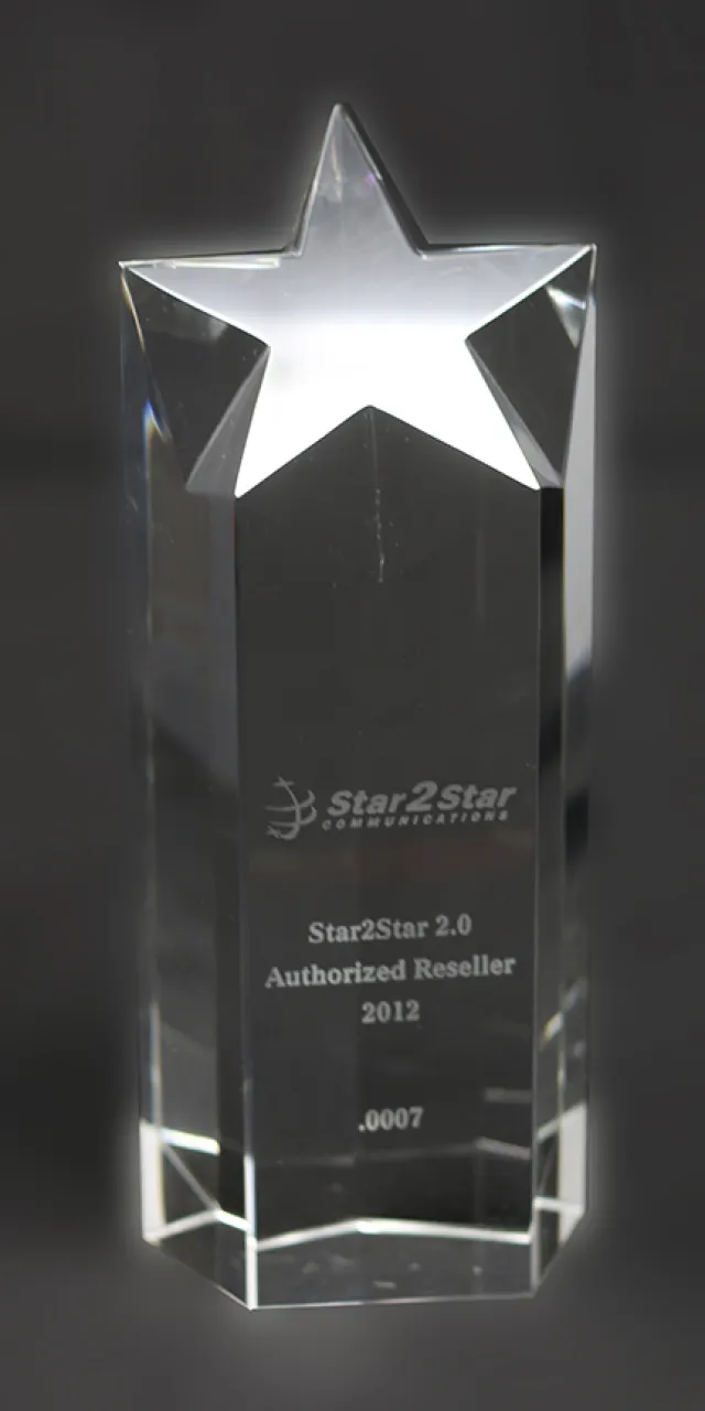 Crystal award with a star top, engraved with Star2Star Communications and Authorized Reseller 2012.