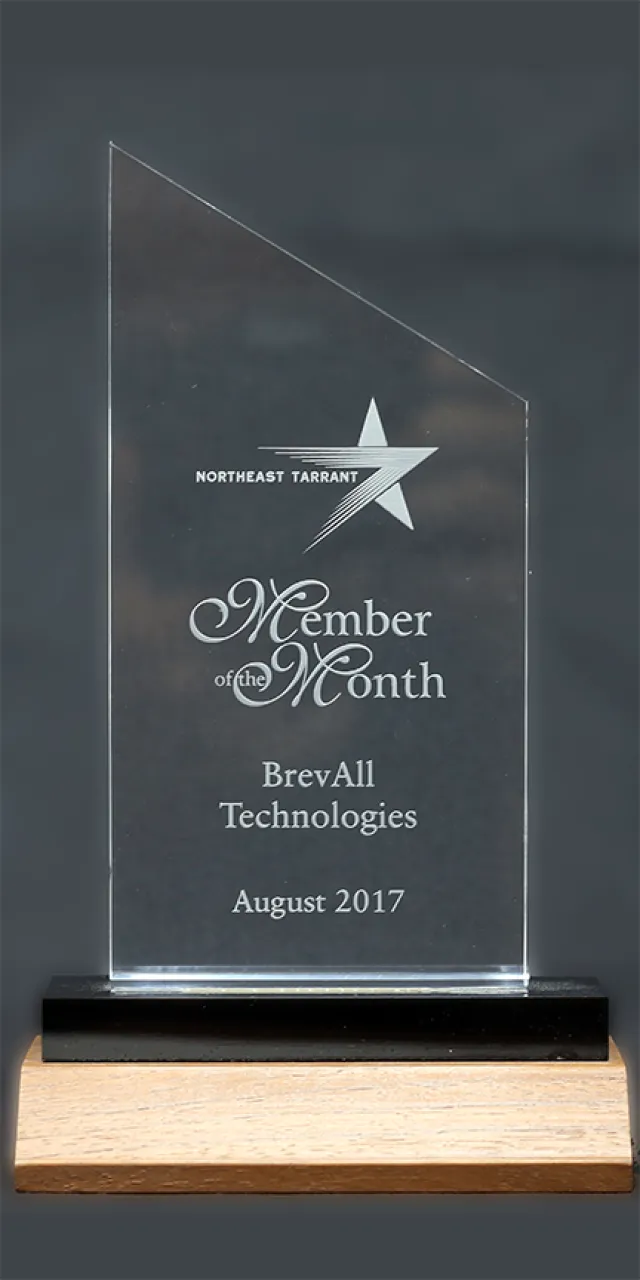A crystal trophy for BrevAll Technologies, awarded Member of the Month, August 2017.