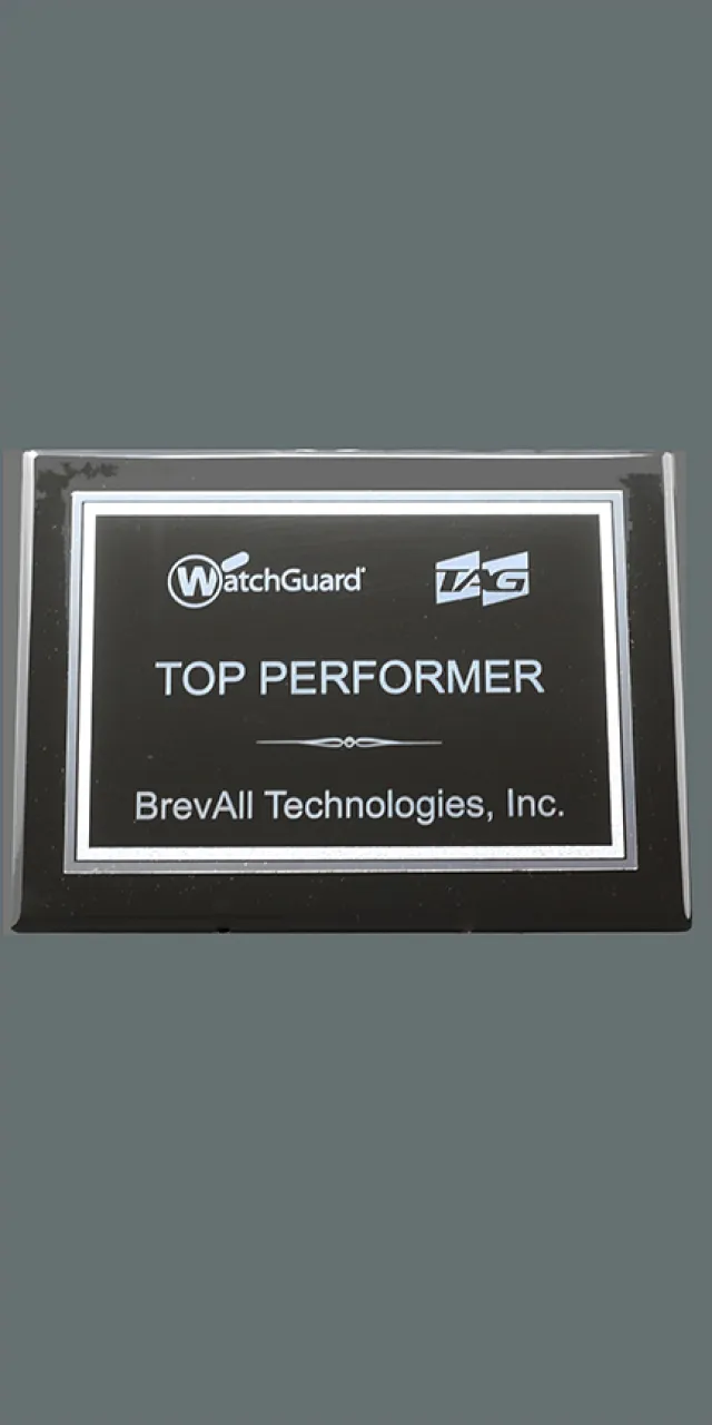 Recognition plaque for BrevAll Technologies, awarded by WatchGuard as a Top Performer.