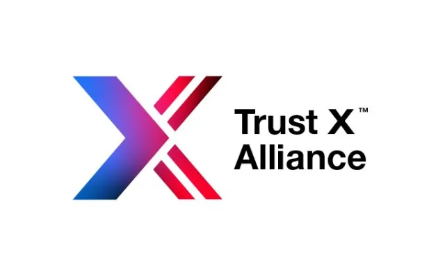 Trust X Alliance logo with a stylized X in blue and red gradient and bold black text on white background