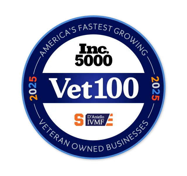 Inc. 5000 Vet100 logo highlighting America’s fastest growing veteran owned businesses in 2025.