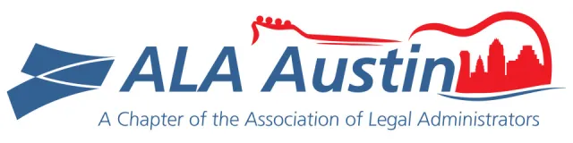 ALA Austin logo with blue text and red guitar outline featuring city skyline for legal administrators association.