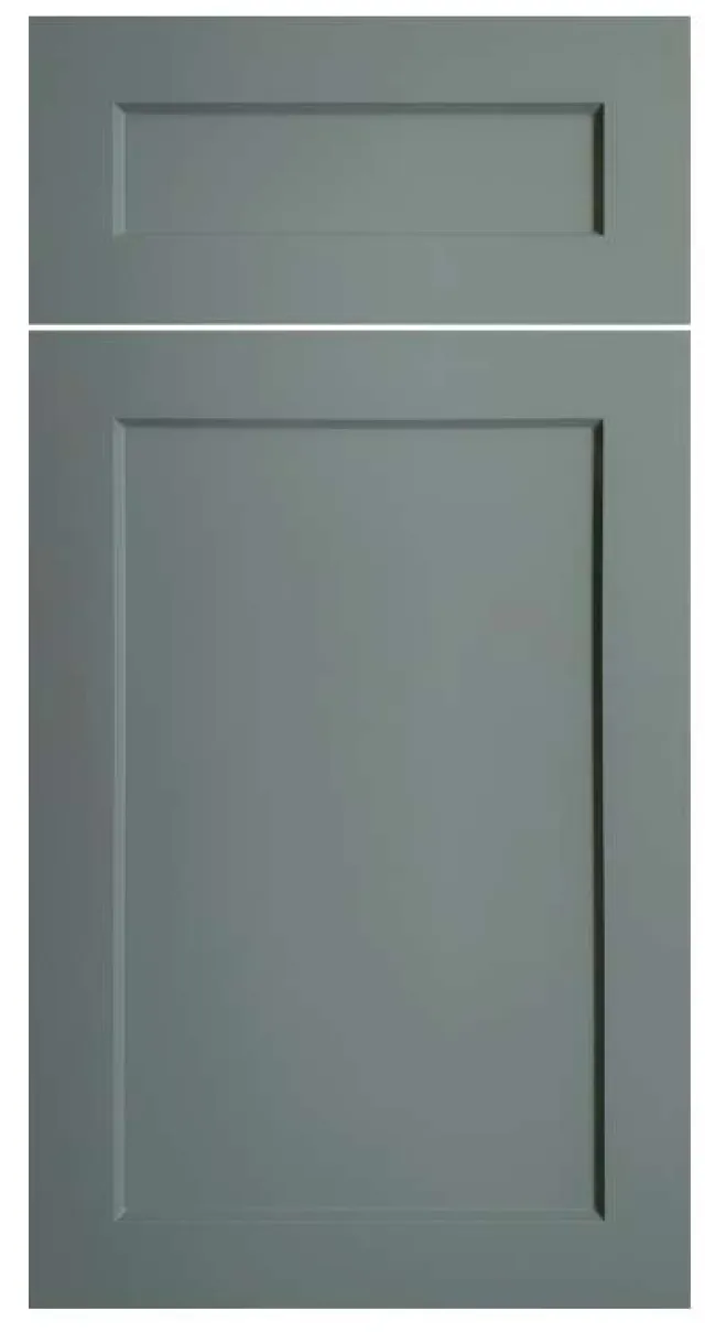 Two sections of a gray shaker-style cabinet door with recessed panels and clean lines.
