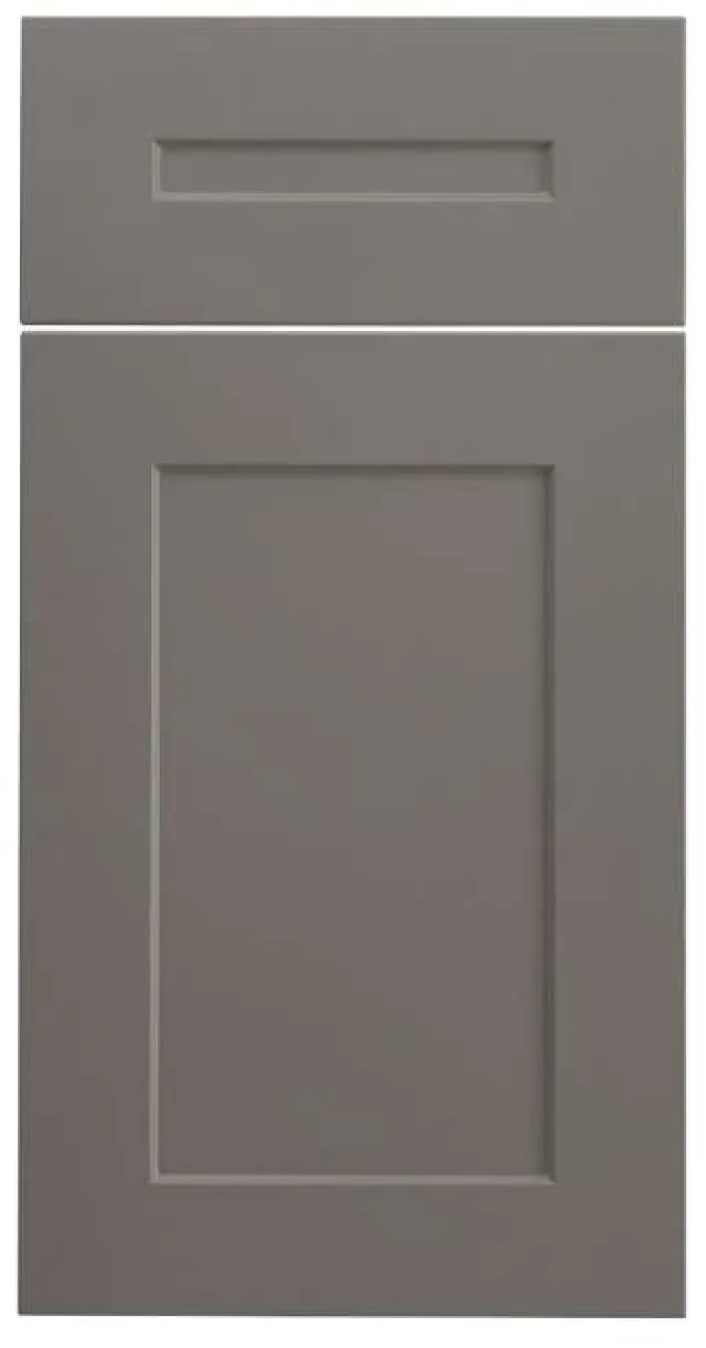 Gray shaker-style cabinet door with a recessed center panel and matching drawer front.