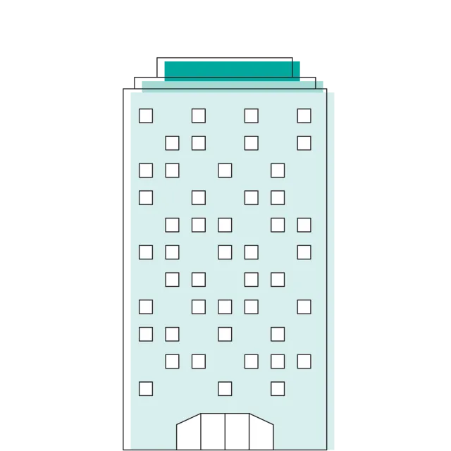 Minimalist illustration of a tall office building with multiple windows and a rooftop structure