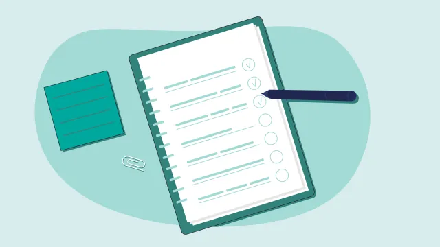 Checklist on paper with pen, sticky notes, and paperclip on a blue background for task management