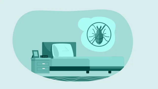 Bedroom scene with a large bed and a magnified image of a bed bug on the wall representing pest infestation