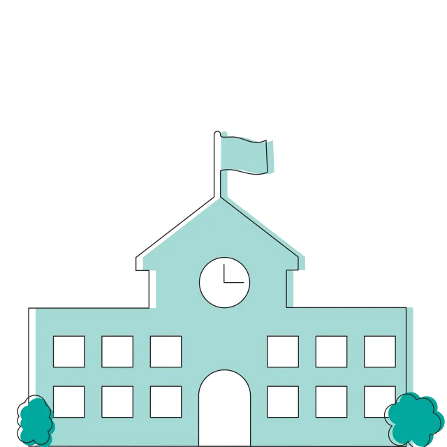 Illustration of a school building with a clock, flag, and trees on either side under a transparent background.