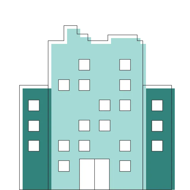Illustration of a three-section building with multiple windows and a central entrance in turquoise shades.