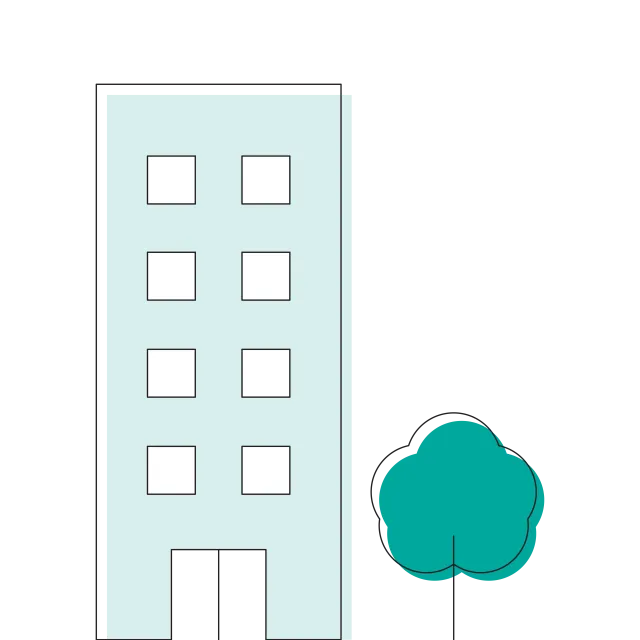 Simple illustration of a light blue building with eight windows and a green tree beside it on white background
