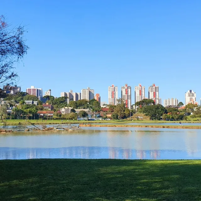 City skyline with high-rise buildings viewed across a calm lake and green park under a blue sky