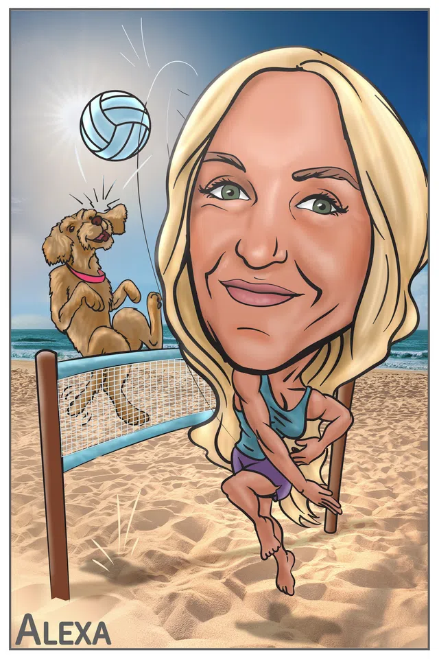 Caricature of a blonde woman playing beach volleyball with a dog jumping near the net on sandy beach.
