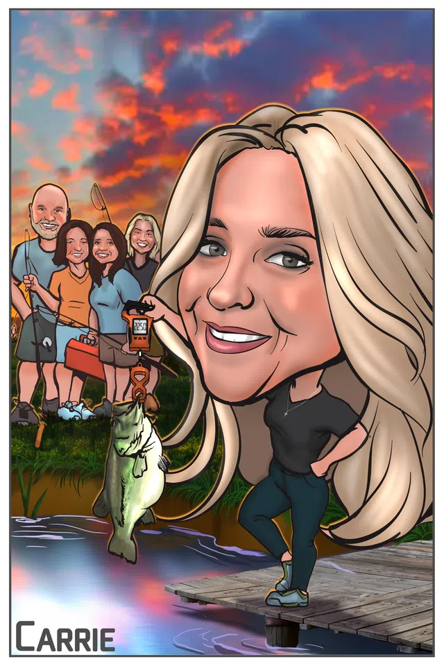 Caricature of a smiling blonde woman holding a large fish on a scale by a lake with four people fishing at sunset.
