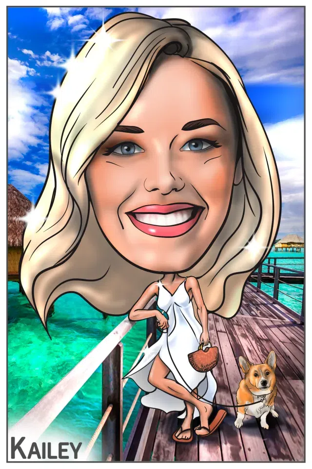 Caricature of smiling woman in white dress walking a dog on a wooden pier over turquoise water.