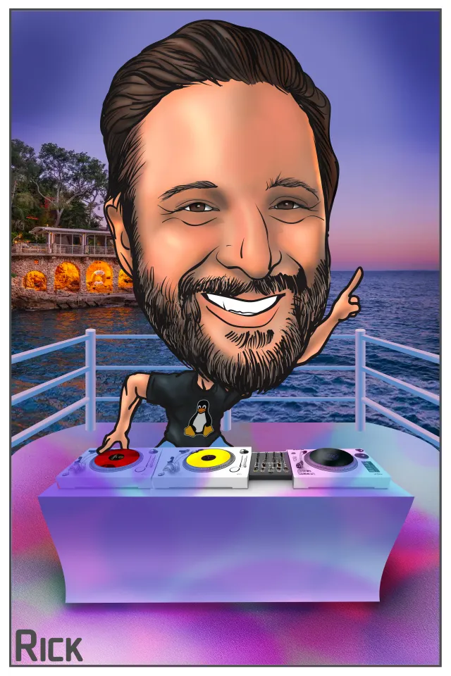 Caricature of smiling DJ Rick with a beard mixing music on decks by the sea at sunset near a stone building.