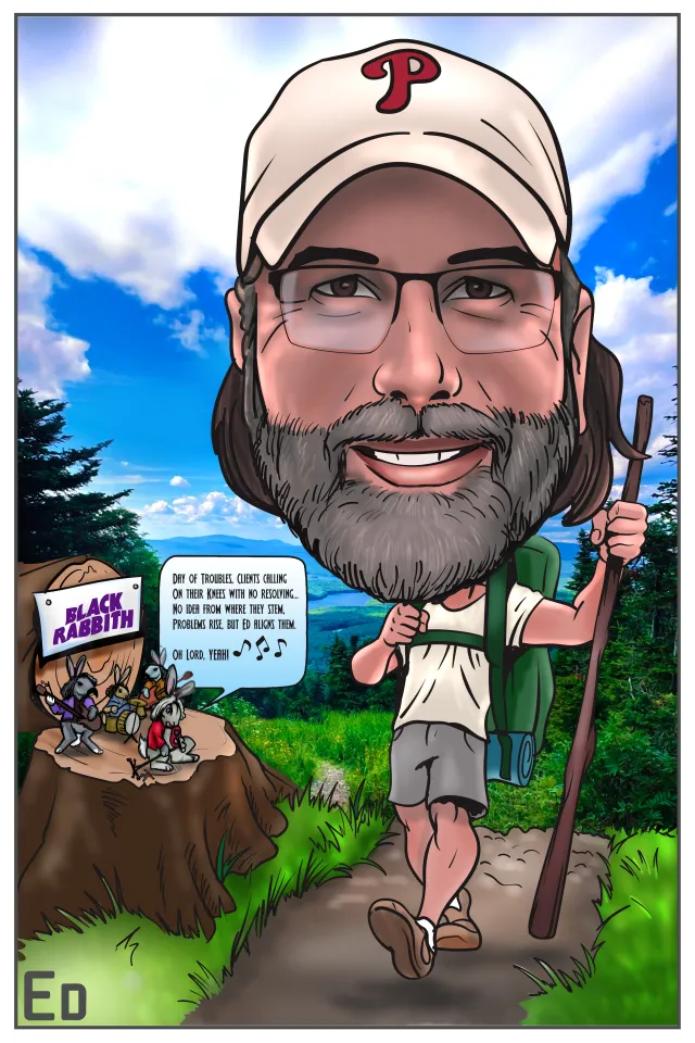 Caricature of a hiker with a backpack, surrounded by cartoon animals and a scenic landscape in the background.