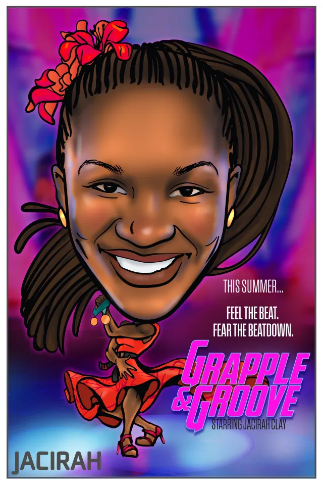 Caricature of a smiling woman dancing in a red dress with flowers in her hair, promoting Grapple & Groove.