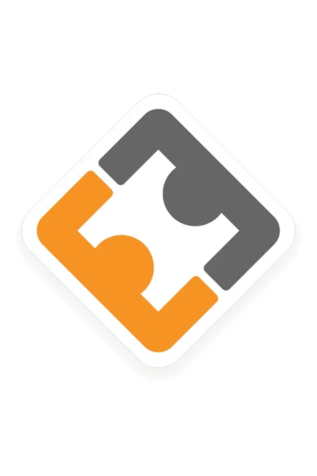 Two interlocking puzzle pieces, one gray and one orange, inside a white diamond-shaped border on a white background