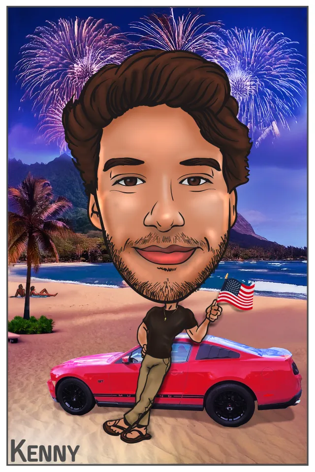 Caricature of man holding American flag by red sports car on beach with fireworks and palm trees.