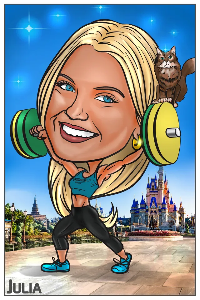 Caricature of a blonde woman weightlifting with a cat on the barbell in front of a castle under a blue sky.