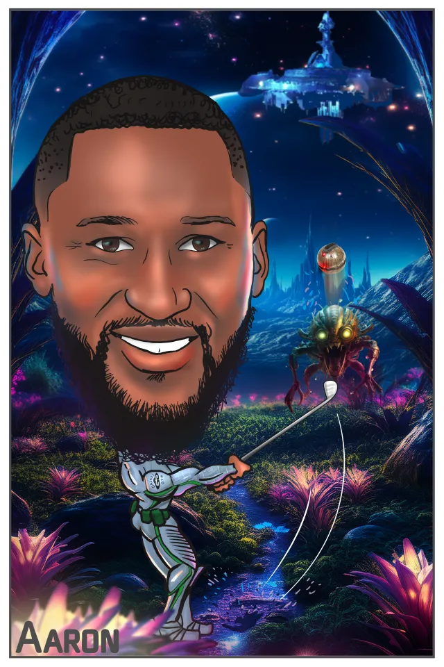Caricature of a smiling man in futuristic armor golfing on an alien planet with a monster and spaceship in the background