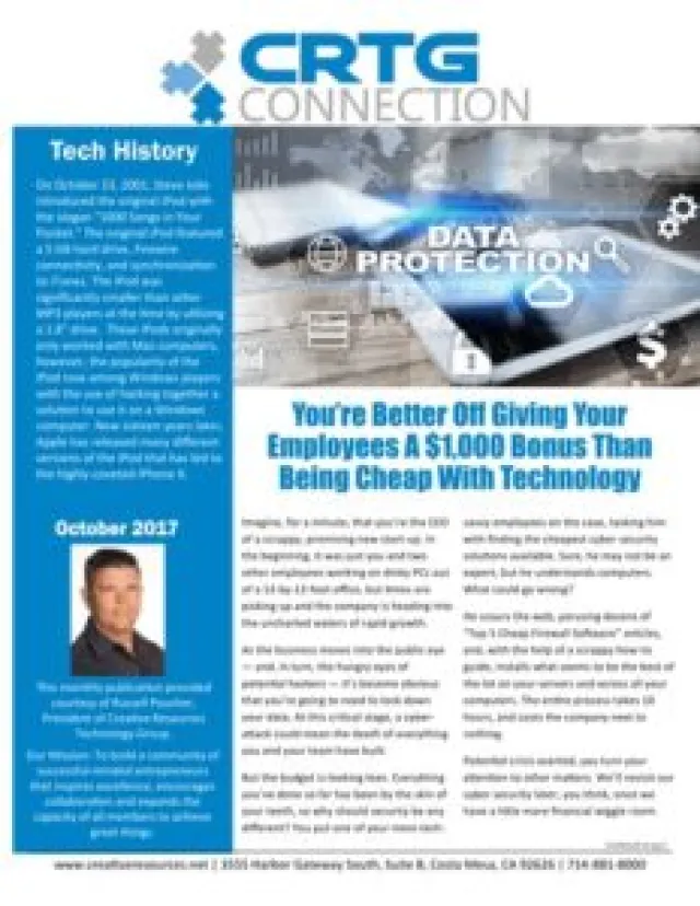 CRTG Connection newsletter cover with data protection theme and article on employee bonuses vs technology spending.