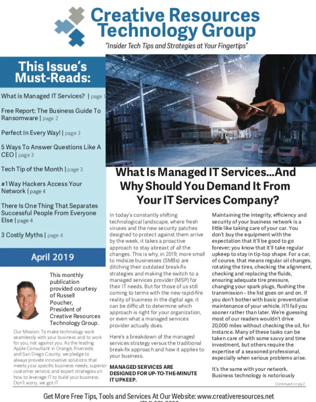 Newsletter cover showcasing managed IT services with warehouse image and editorial content from April 2019.