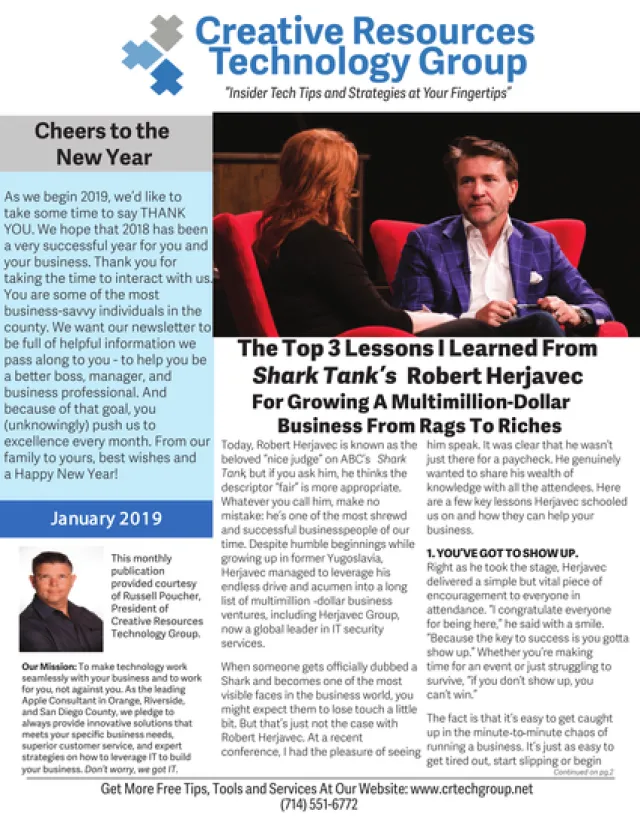 Newsletter cover featuring interview with Shark Tank's Robert Herjavec and a New Year message from Creative Resources Technology Group.