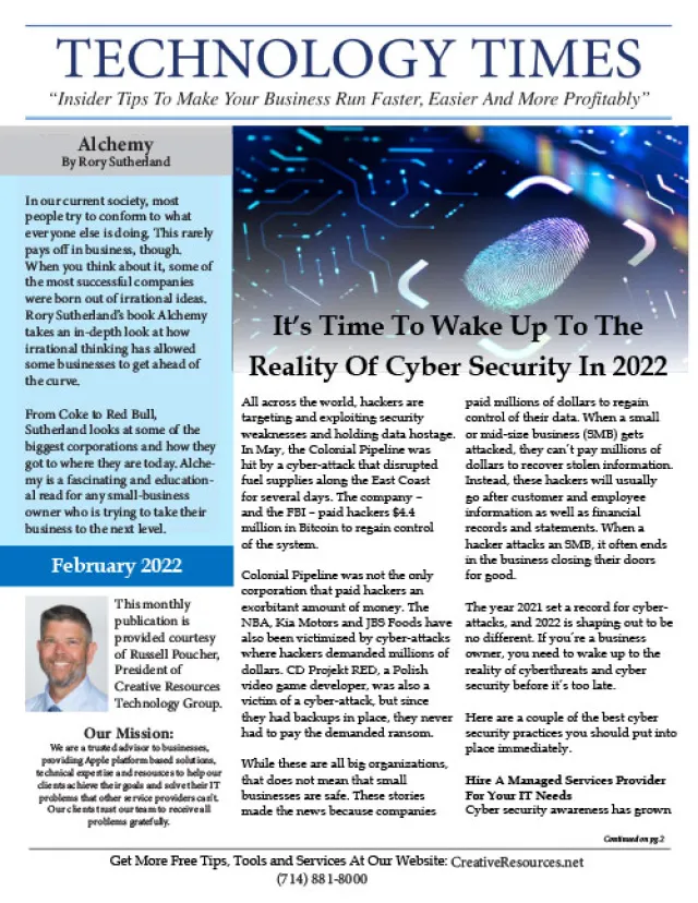 Technology Times newsletter discussing cybersecurity threats and business insights for 2022 with a fingerprint graphic.