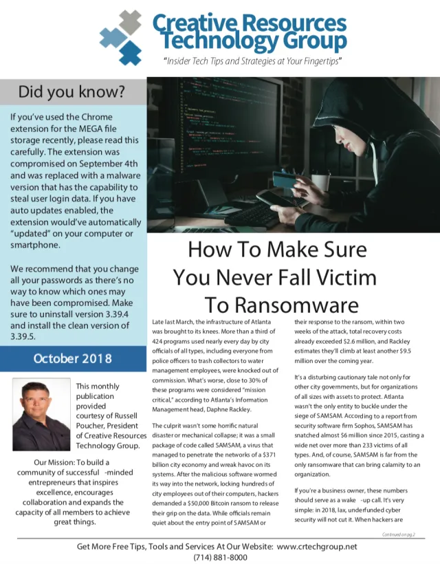 Infographic on ransomware prevention with advice, warnings, and a hacker using a computer and credit card at night.