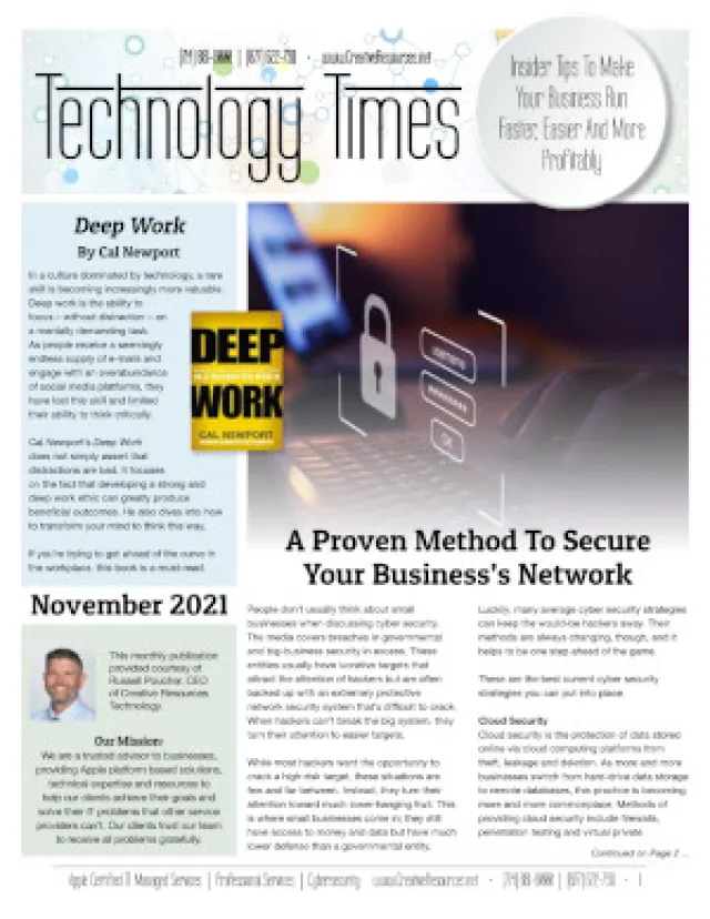 Technology Times cover featuring cybersecurity, Deep Work book, and business network security tips November 2021