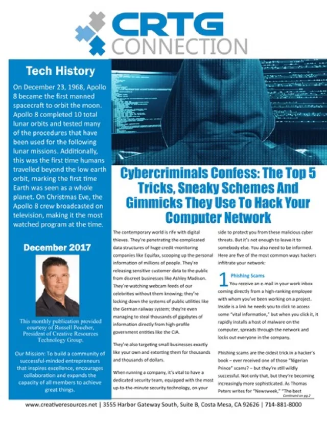 Newsletter page from CRTG Connection discussing cybercrime tactics and technical history, December 2017 edition.