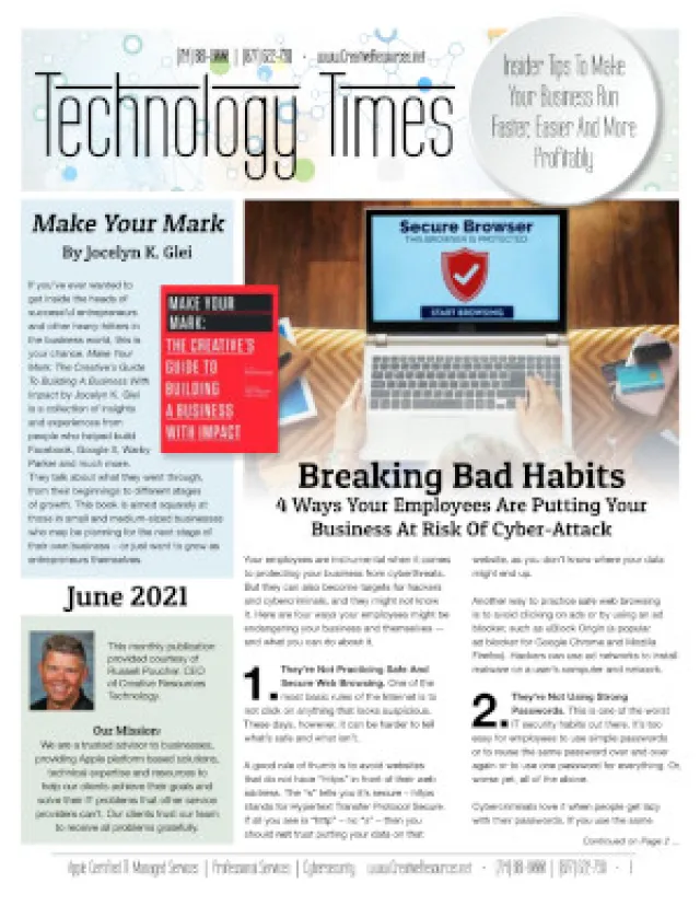 Technology Times June 2021 issue on cybersecurity risks and business growth tips with a laptop and book image